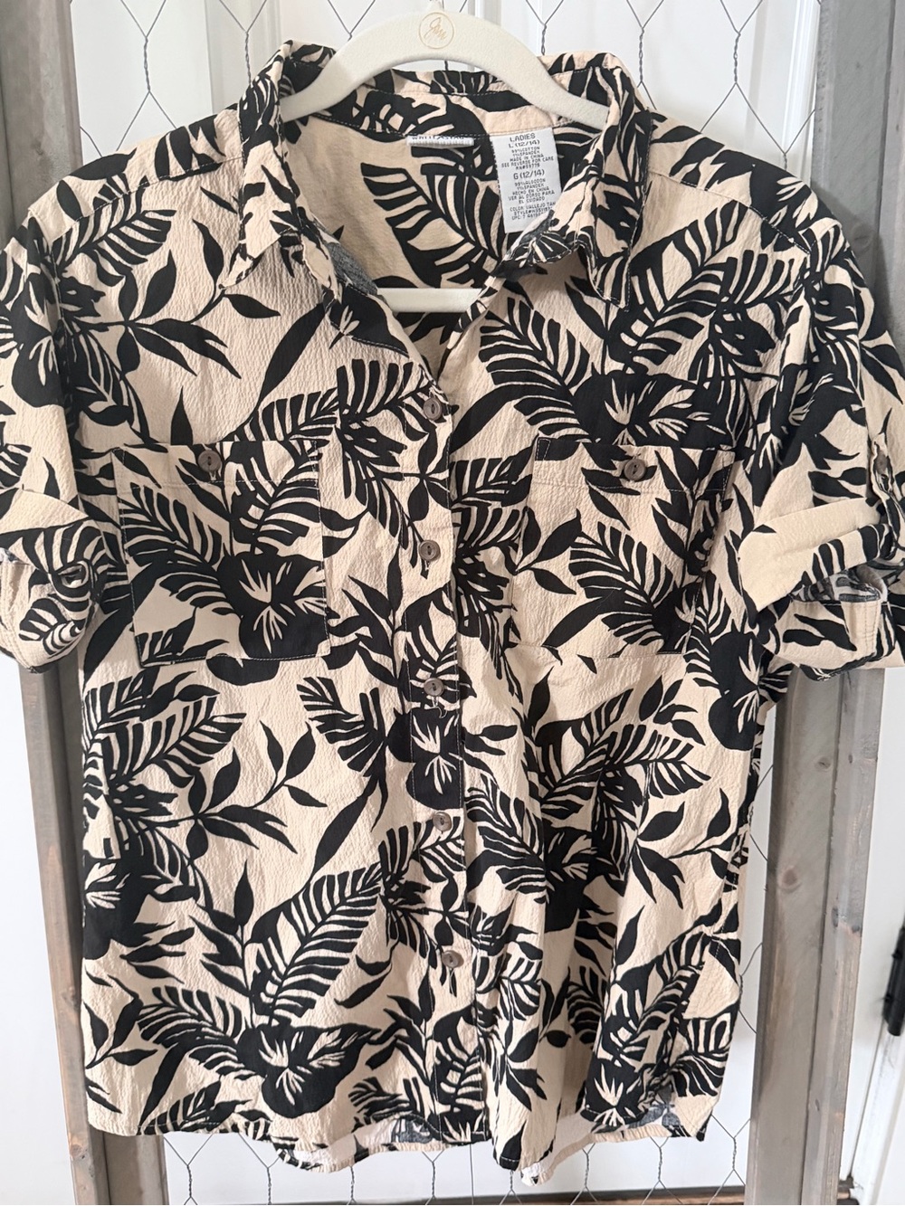 Women’s White Stag Tropical Hawaiian Camp Shirt Large 12/14 Black Tan Resort